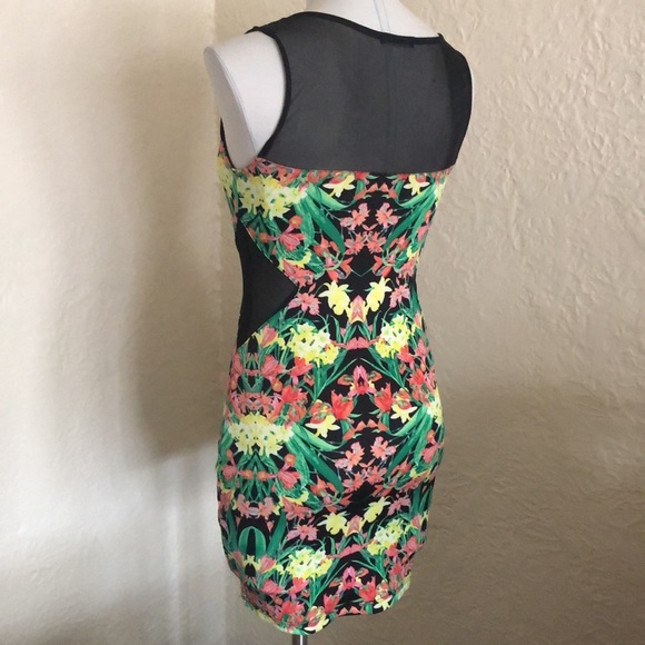 Yellow & Pink Floral Sheer Black Mesh Cutout Body Con Dress - Picture 4 of 8